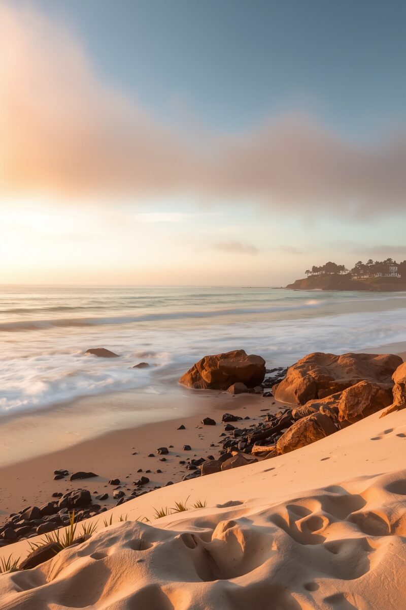 Golden sunset over rocky beach shoreline with smooth waves, sandy dunes, and coastal cliffs in background