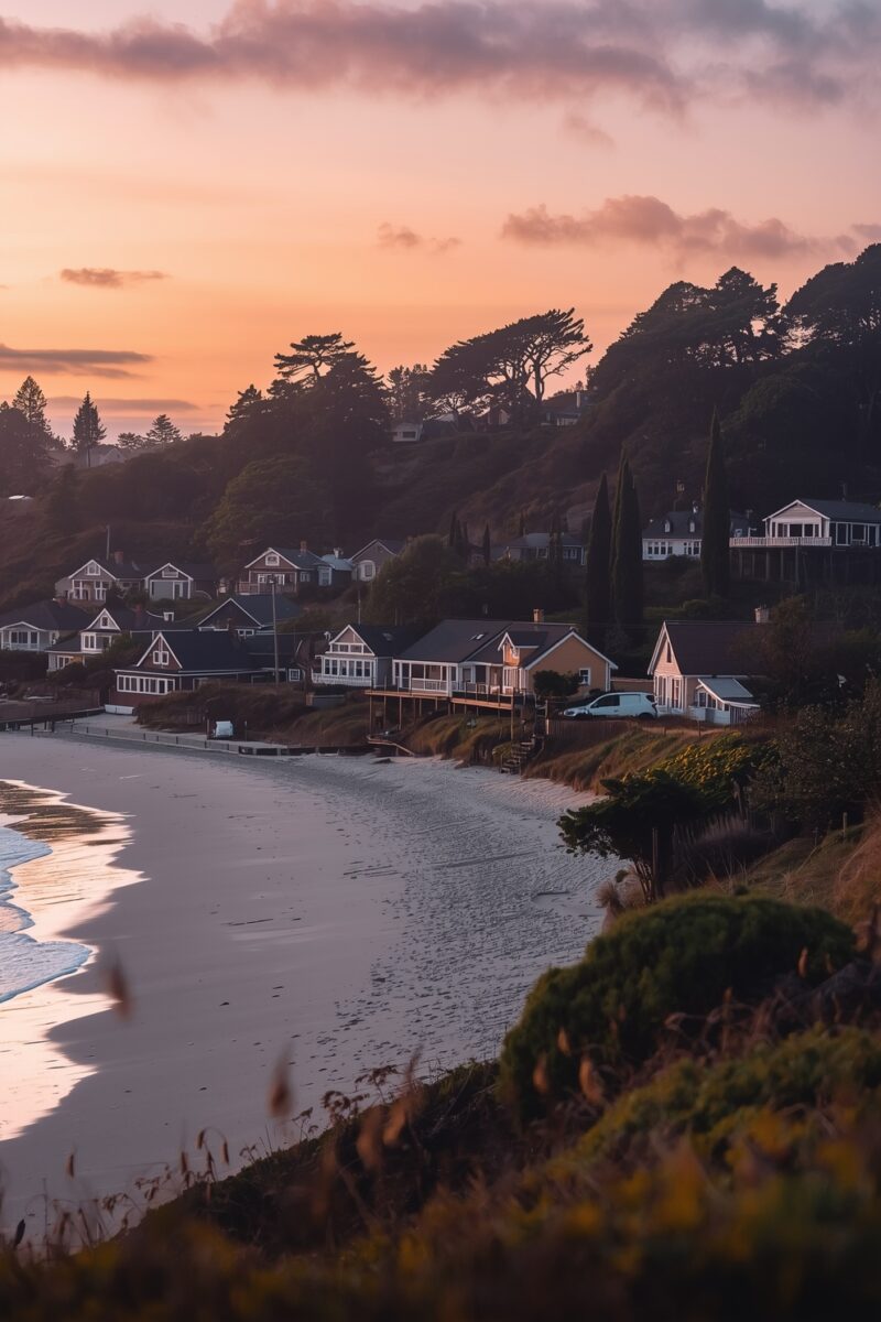 Coastal beach town at sunset with charming houses along sandy shoreline, pink-orange sky, and tree-covered hillside