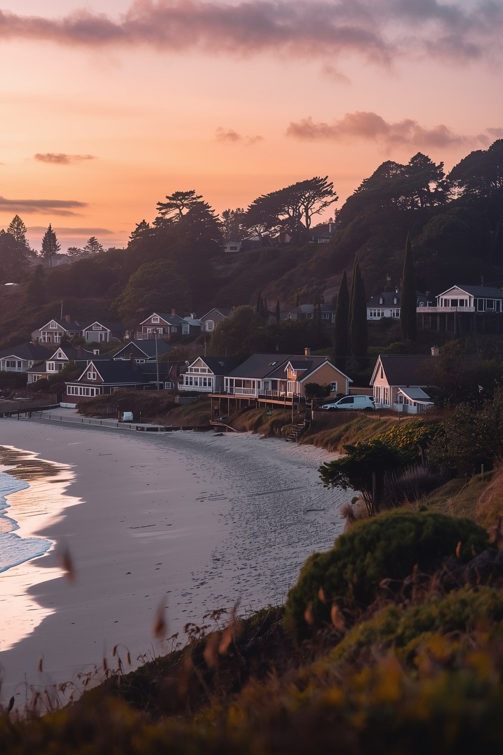 Coastal beach town at sunset with charming houses along sandy shoreline, pink-orange sky, and tree-covered hillside