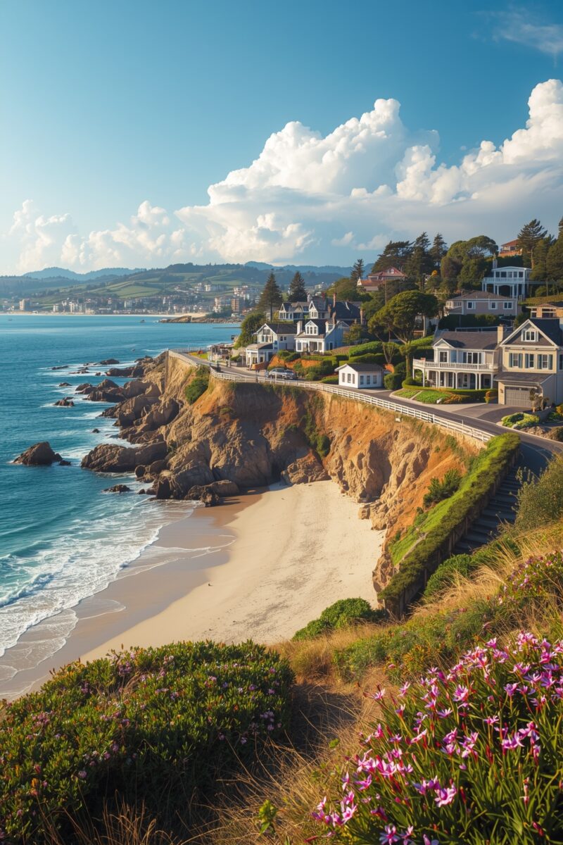 Scenic coastal cliffside with white beach houses, sandy beach, rocky shoreline, and blue ocean waves under a sunny sky