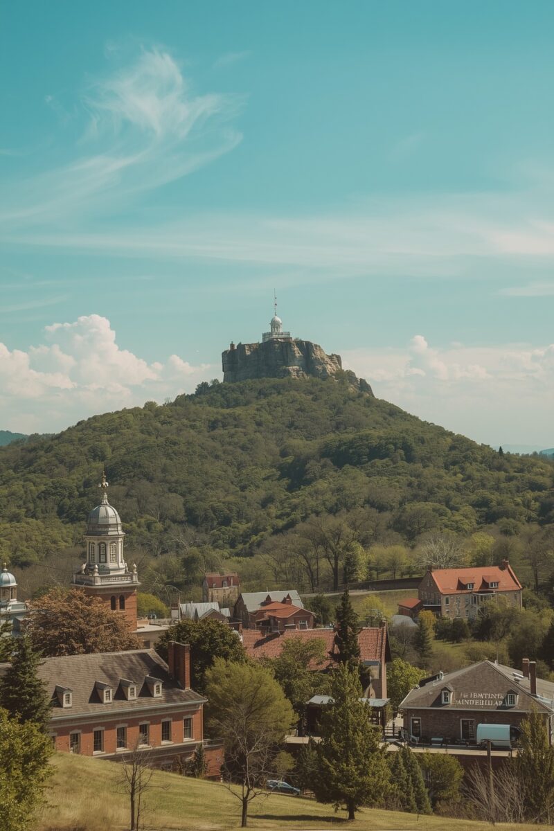 Historic small town with brick buildings and domed church tower, backed by a large forested hill with rocky summit structure