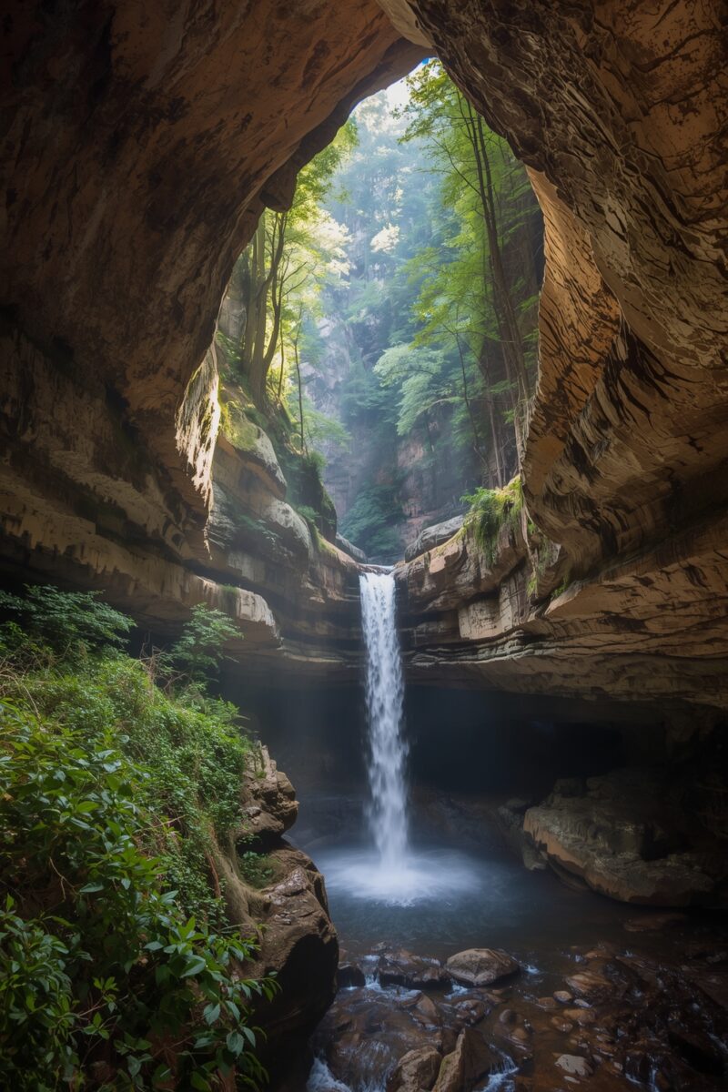 Waterfall cascading into a dark pool inside a large cave opening with lush green forest beyond