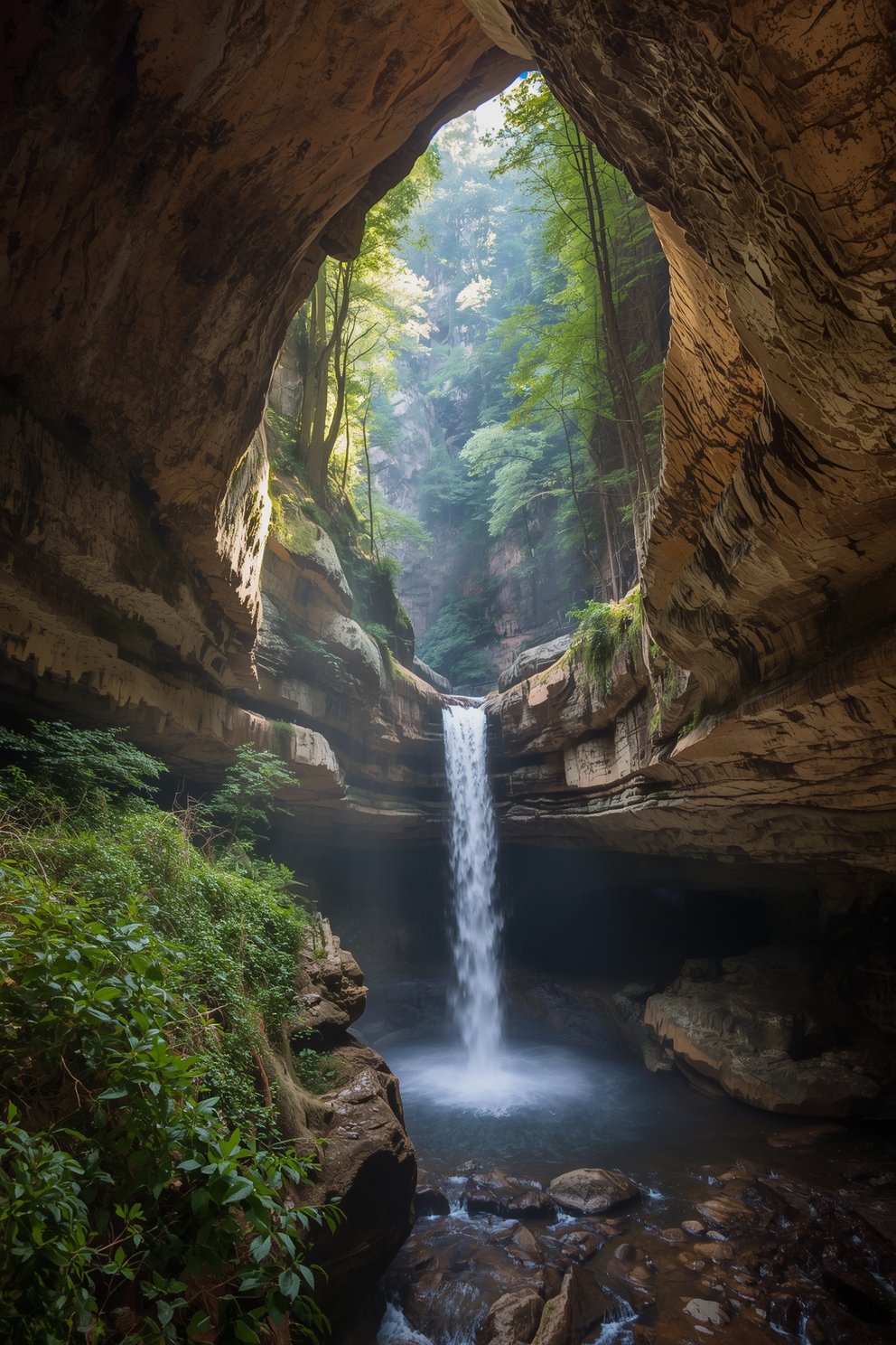 Waterfall cascading into a dark pool inside a large cave opening with lush green forest beyond