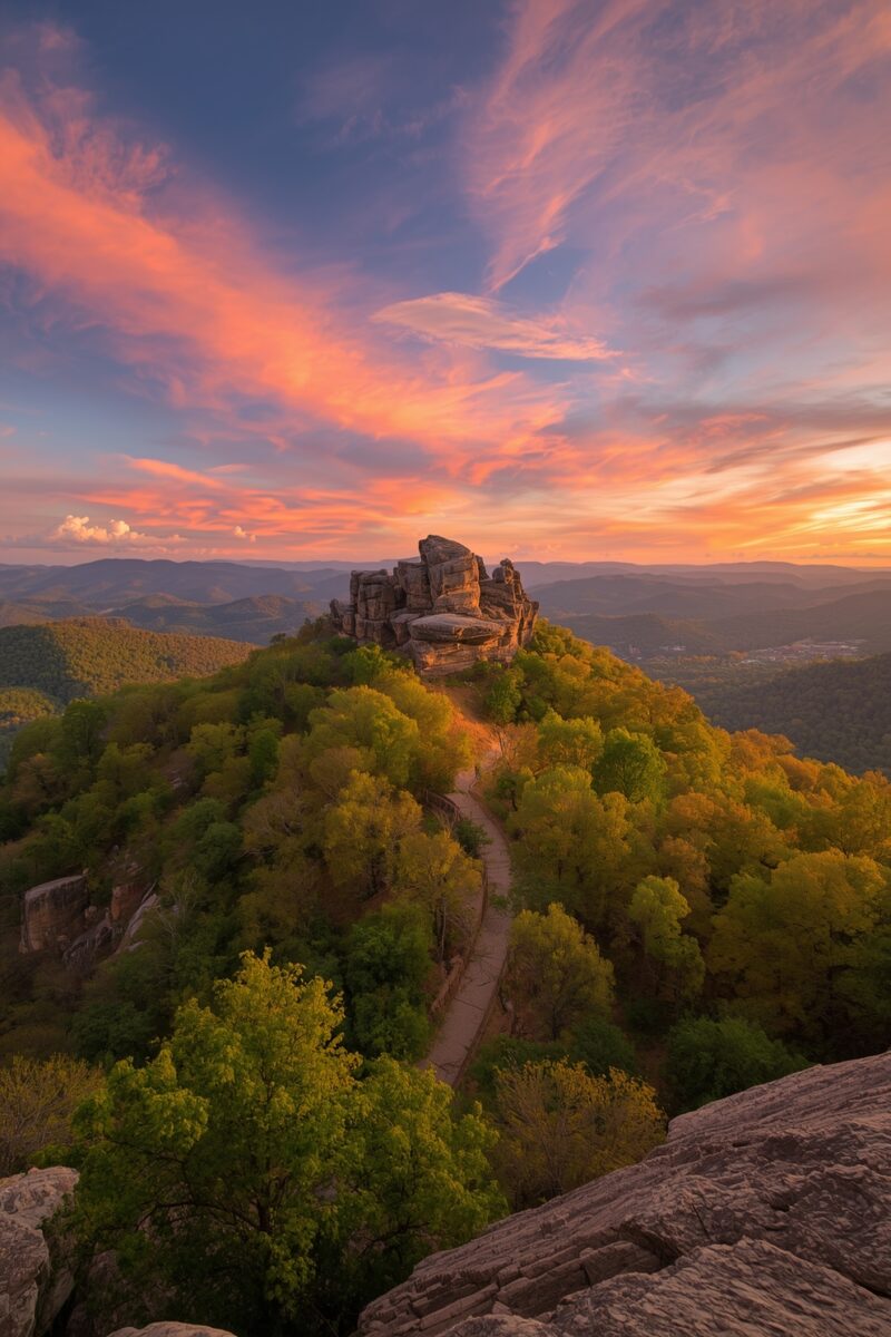 Dramatic sunset over a rocky mountain summit with winding trail through lush green and golden trees and rolling hills