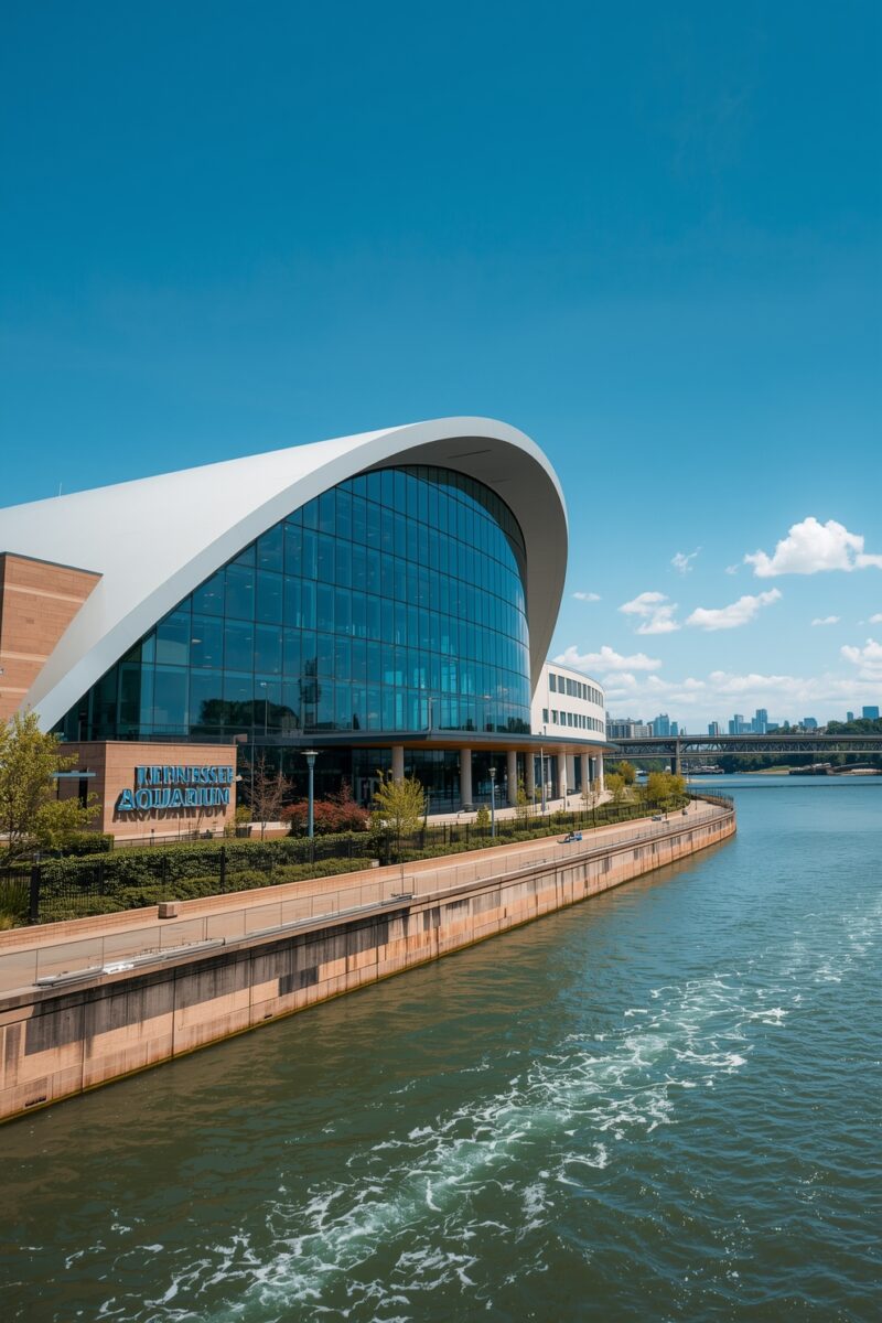 Tennessee Aquarium modern glass building with curved white roof along riverfront waterway on sunny day