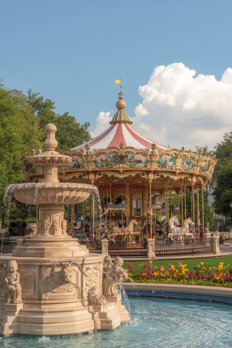 Ornate vintage carousel with red and white striped roof and gold decorations beside an elegant stone fountain in a park