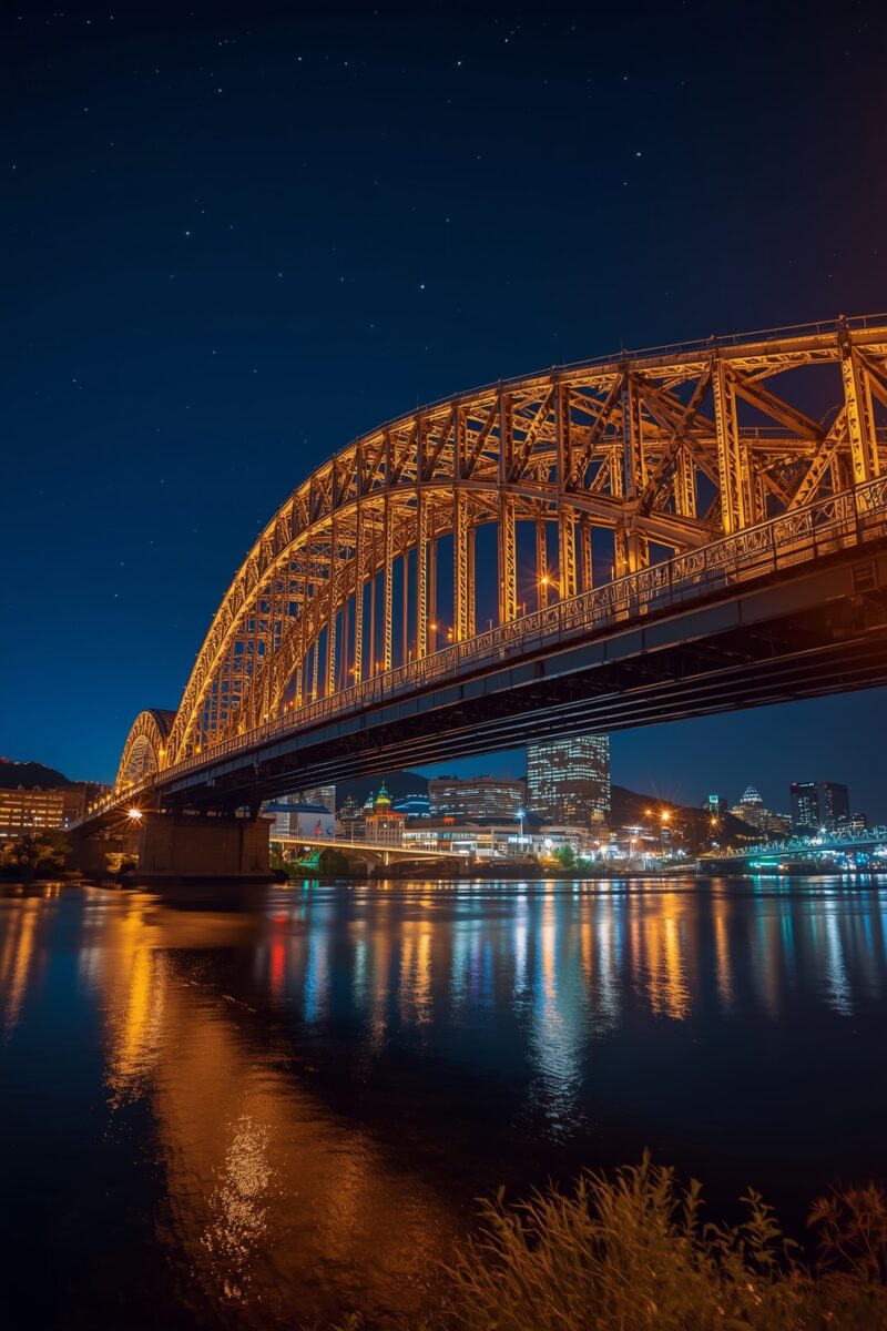 Illuminated golden steel arch bridge over a river at night with city skyline and star-filled deep blue sky