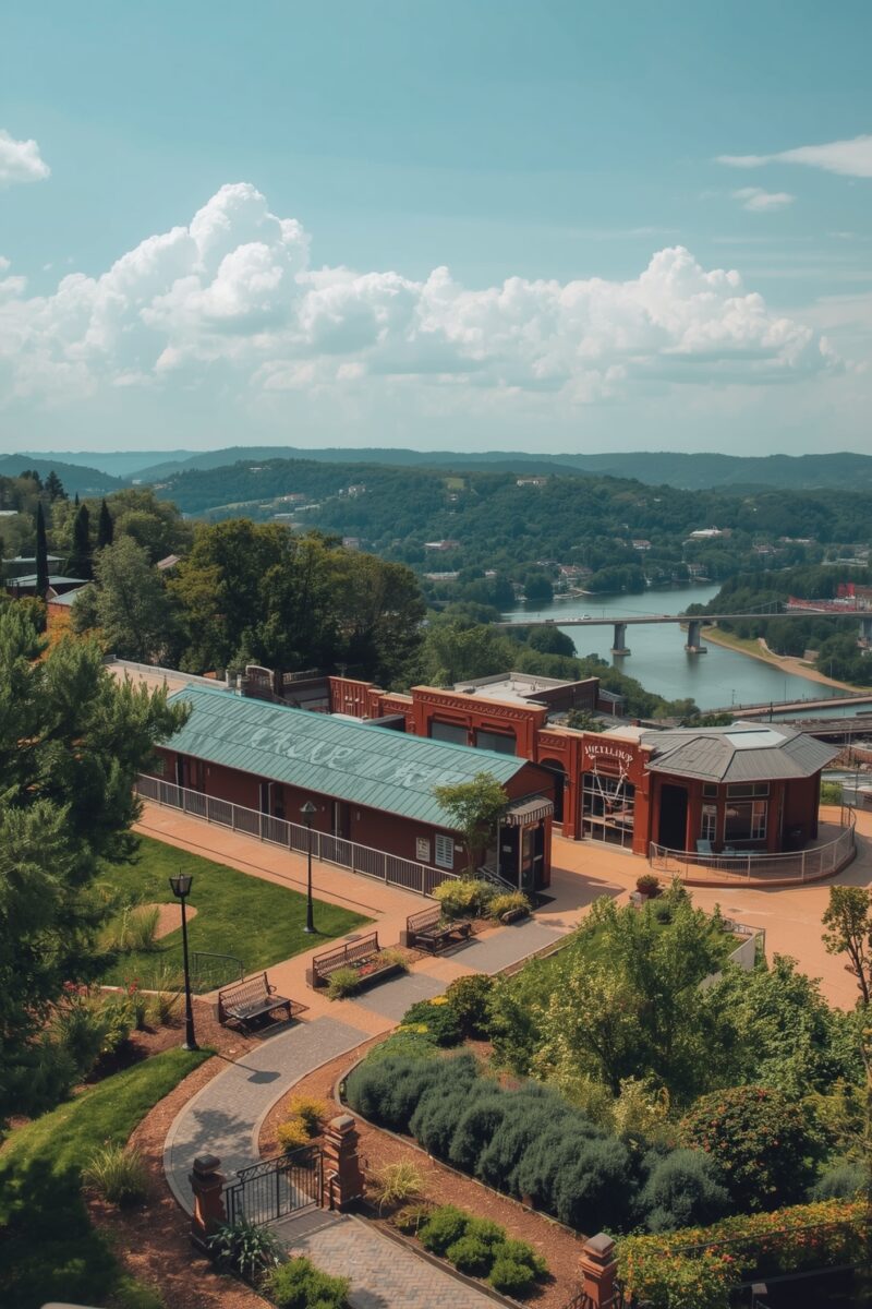 Aerial view of red brick building with teal roof, landscaped gardens, river bridge, and rolling green hills in background