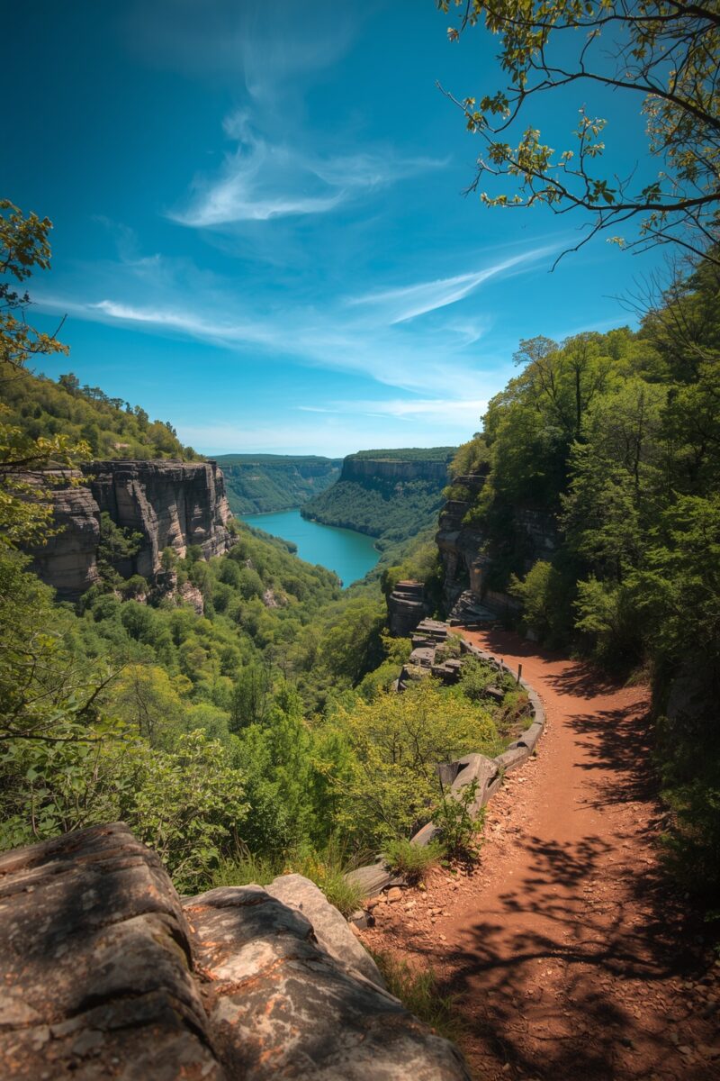 Scenic overlook of a forested canyon with turquoise river, red dirt hiking trail, and blue sky