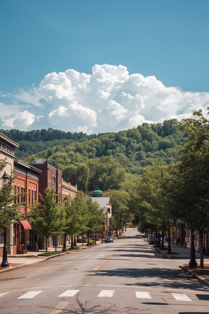 Quiet small-town main street lined with brick buildings and trees, green forested hill and blue sky in background