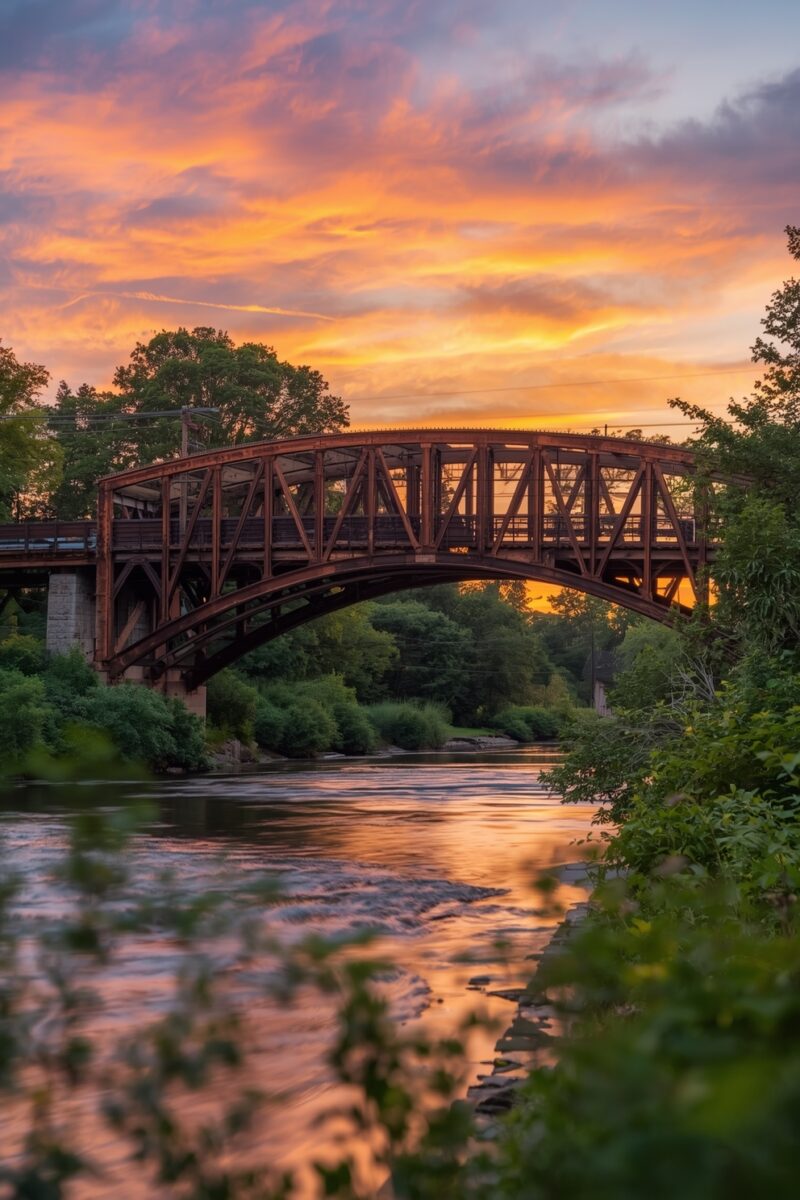 Rustic iron truss bridge arching over a calm river at sunset with vibrant orange and pink sky