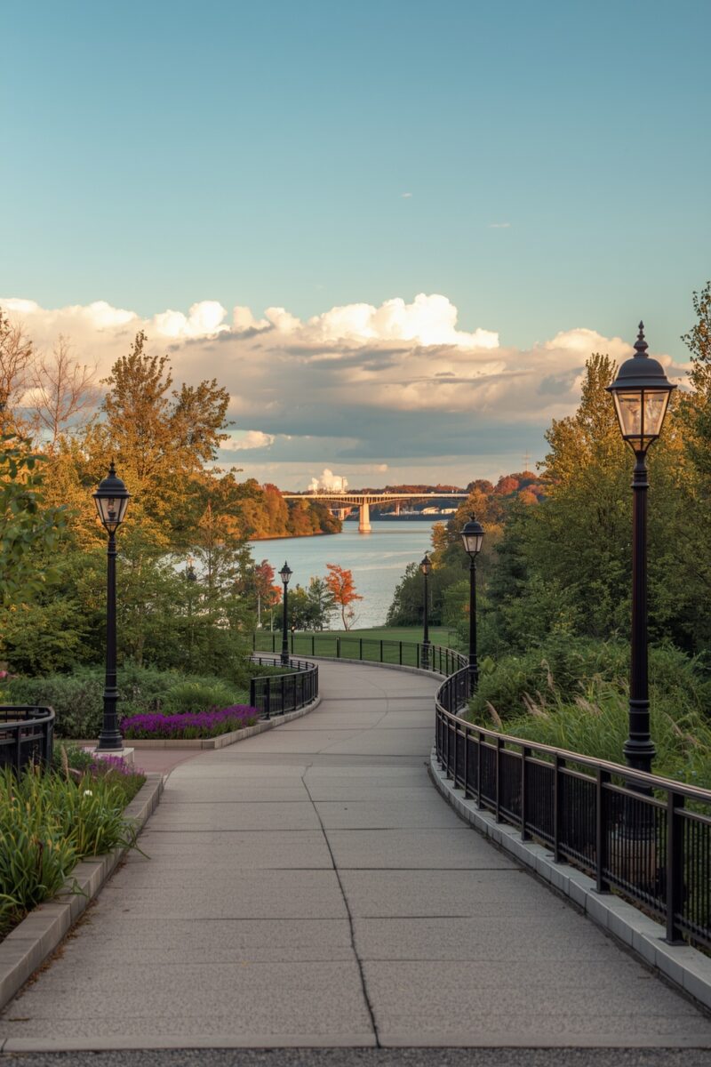 Winding park pathway with black lamp posts leading to a river and bridge surrounded by autumn trees