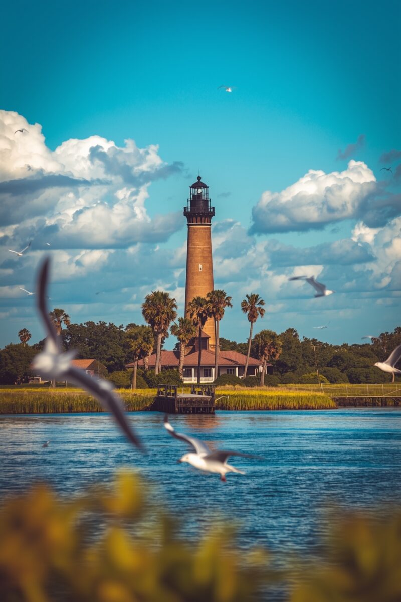 Tall brick lighthouse rising above palm trees and keeper's house, viewed across calm water with seagulls in flight
