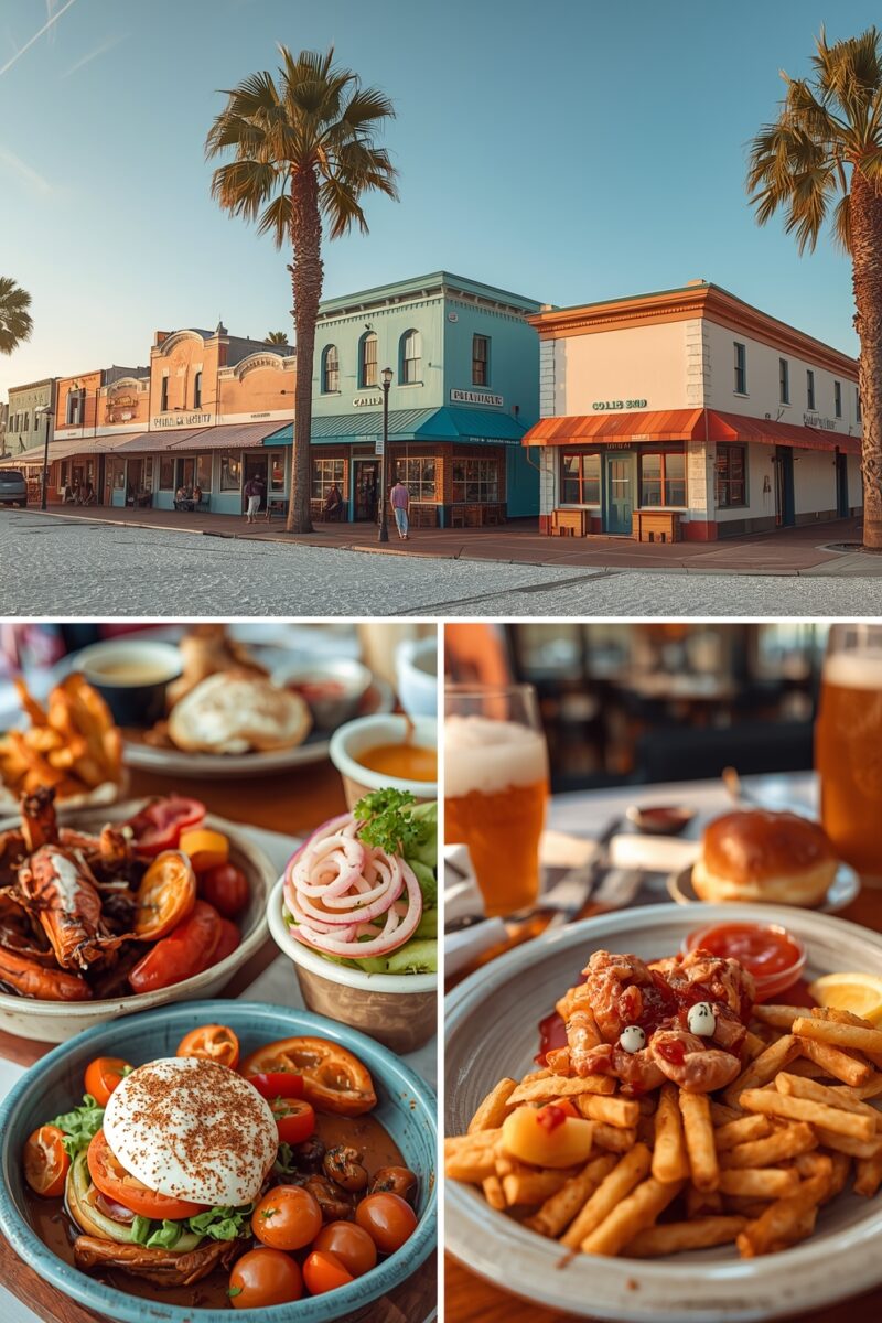 Colorful downtown street with palm trees and historic shops, alongside plates of burrata salad, seafood, loaded fries, and craft beer