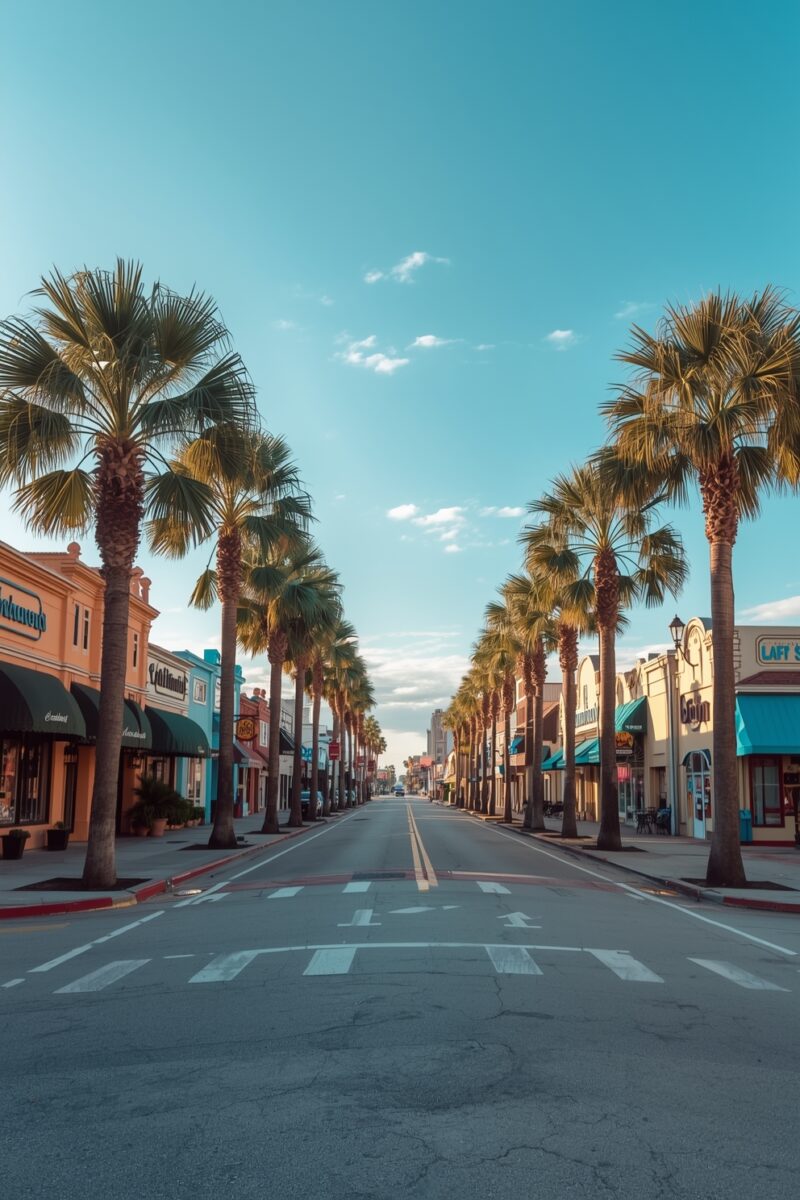 Palm tree-lined main street with colorful storefronts and clear blue sky in a sunny coastal town