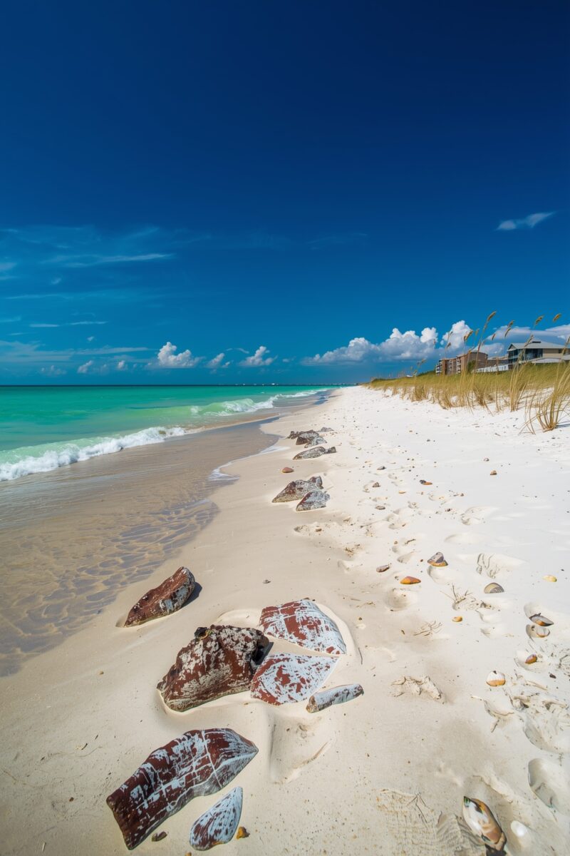 White sand beach with red and white painted rocks, turquoise ocean waves, sea oats, and blue sky in background