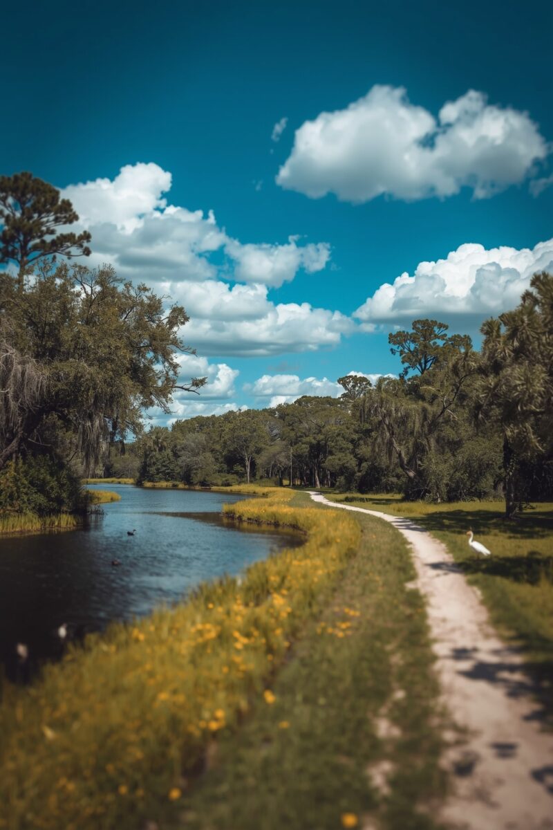 Scenic Florida waterway canal alongside a winding dirt path bordered by wildflowers, live oaks, and a white egret under blue skies