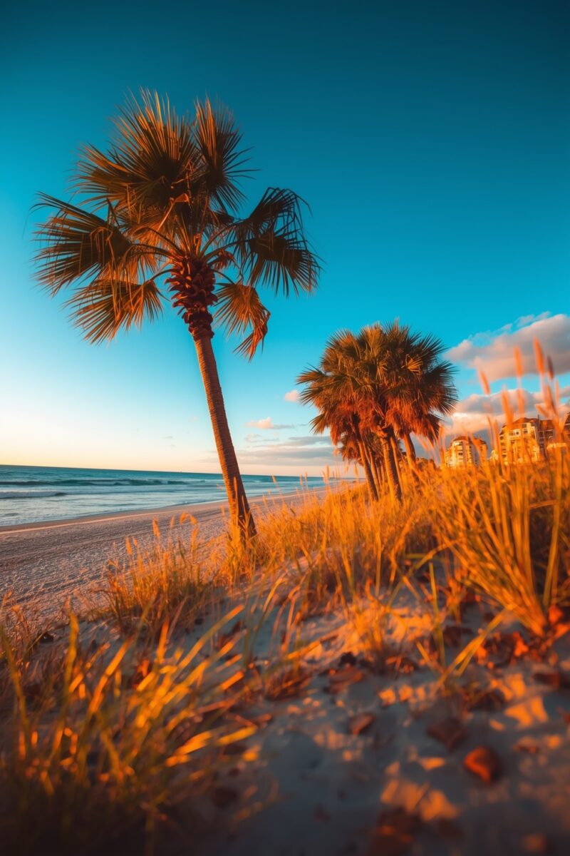 Palm trees on sandy beach dunes with golden sunset light and clear blue sky over calm ocean waves