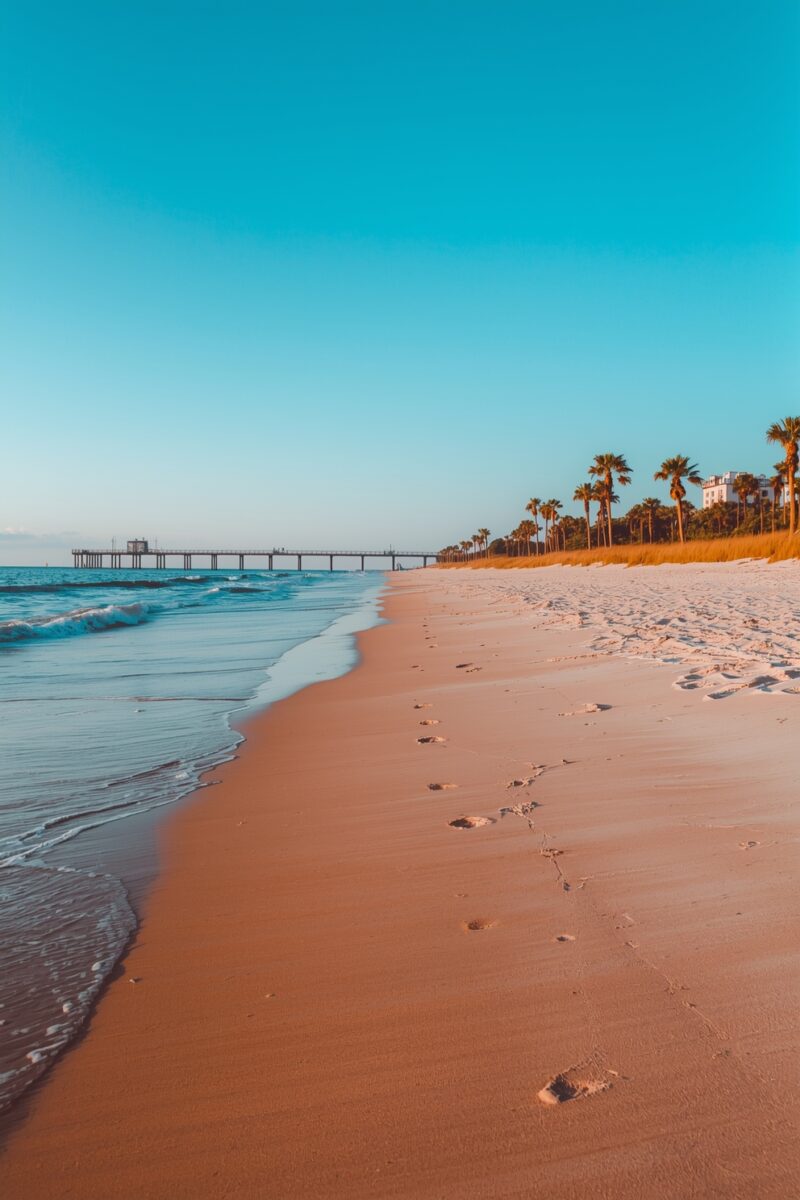 Sandy beach with footprints leading toward a pier, palm trees, and clear turquoise sky at golden hour