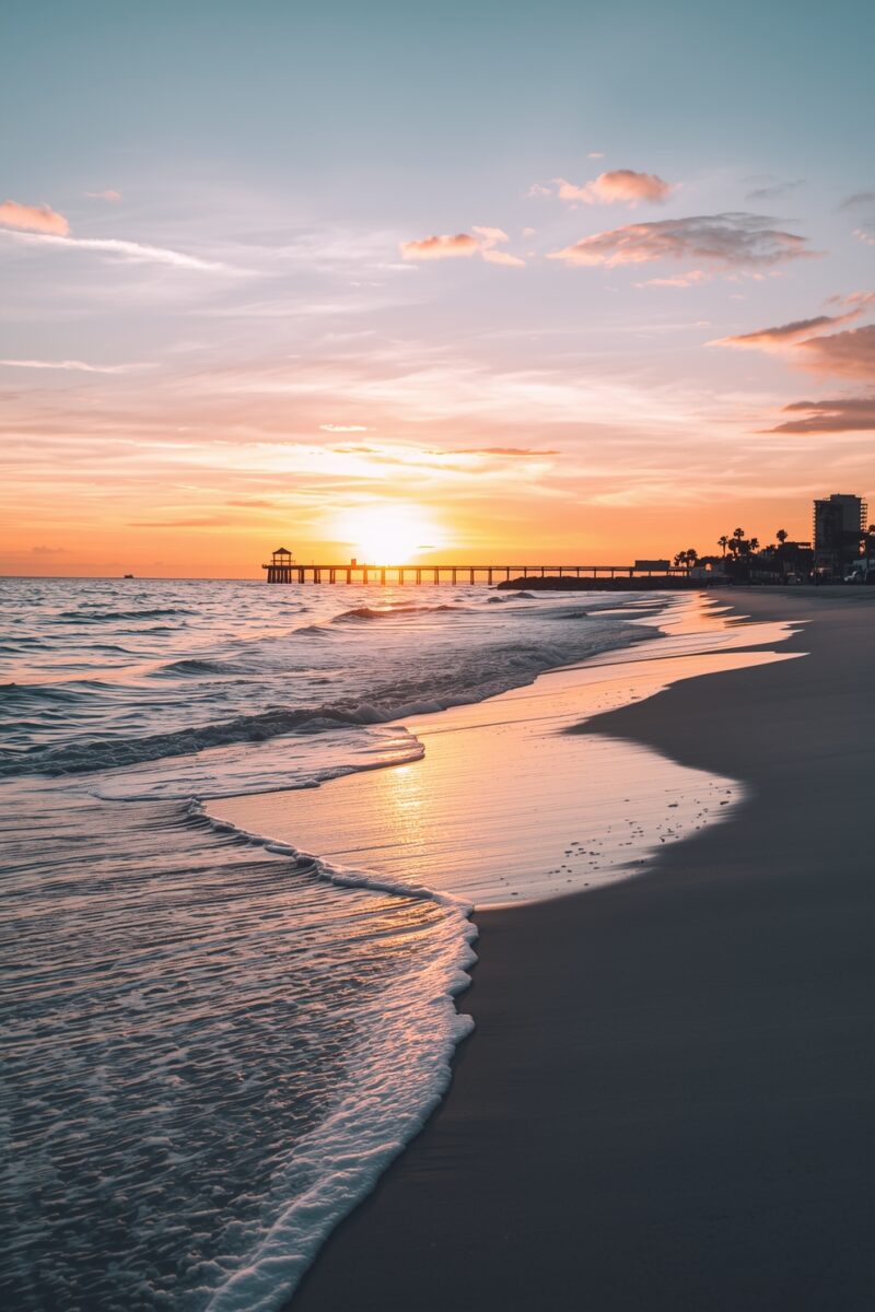 Golden sunset over calm ocean waves gently washing onto a sandy beach with a pier silhouette in the background