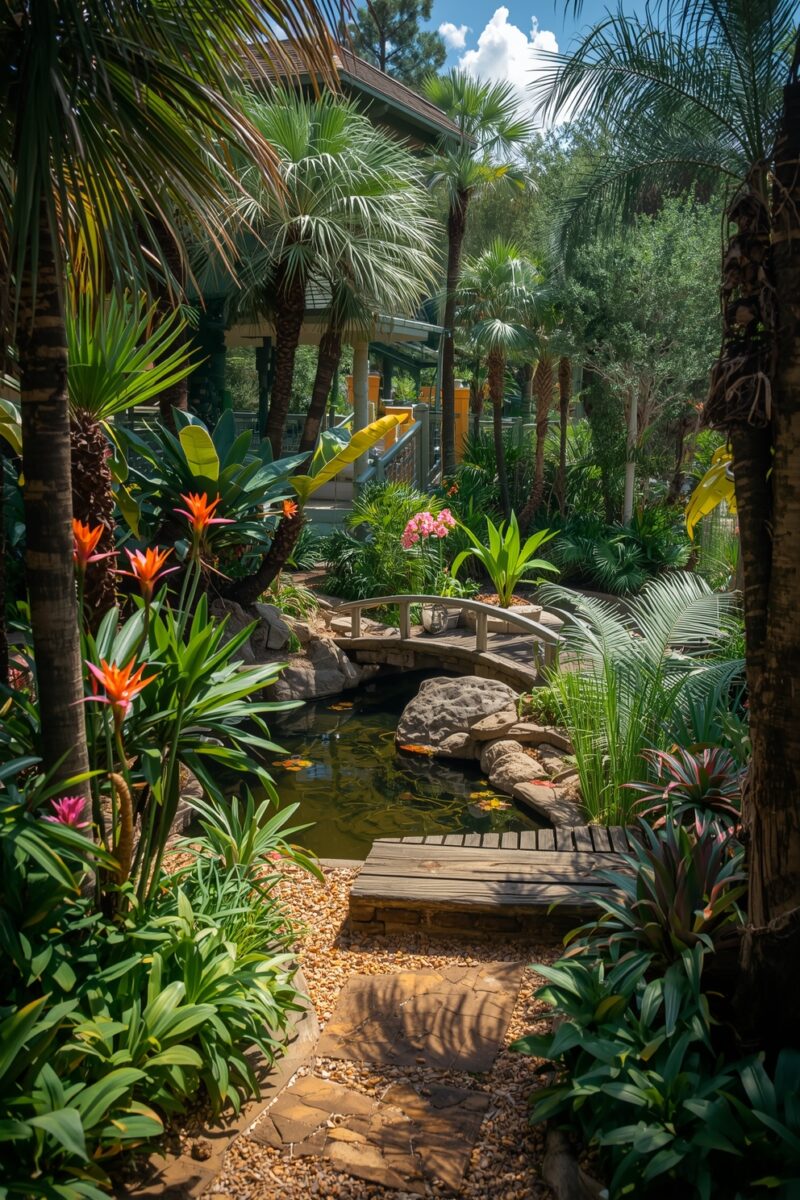 Tropical garden with koi pond, arched stone bridge, colorful bromeliads, and palm trees surrounding a residential home