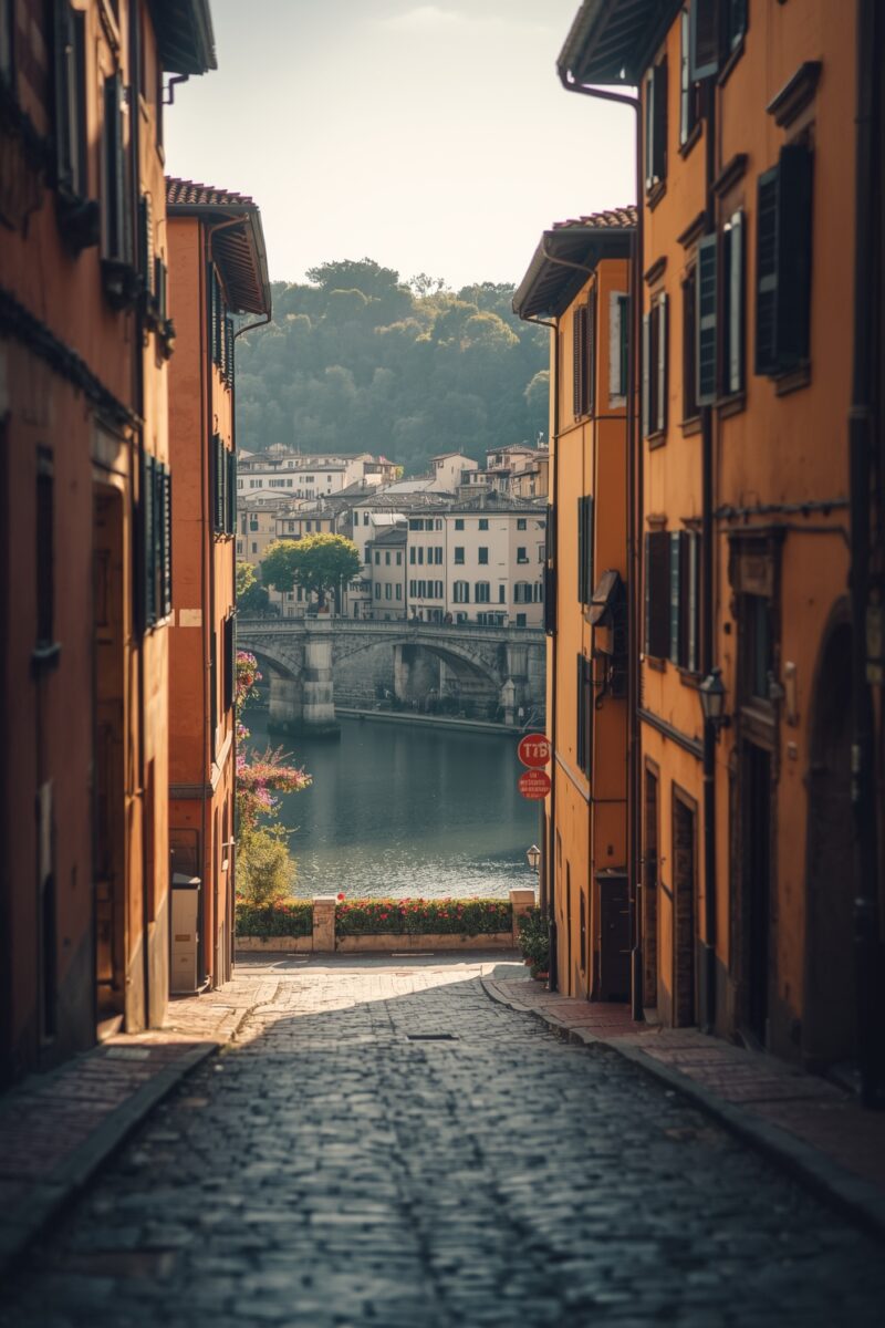 Narrow cobblestone street flanked by orange Italian buildings leading to a stone arch bridge over a river