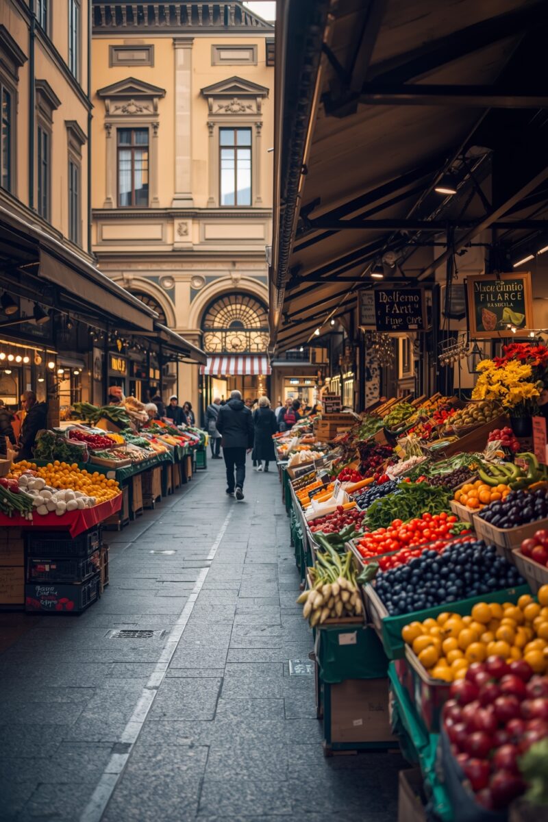 Colorful outdoor fruit and vegetable market stalls lining a cobblestone street with classical European architecture