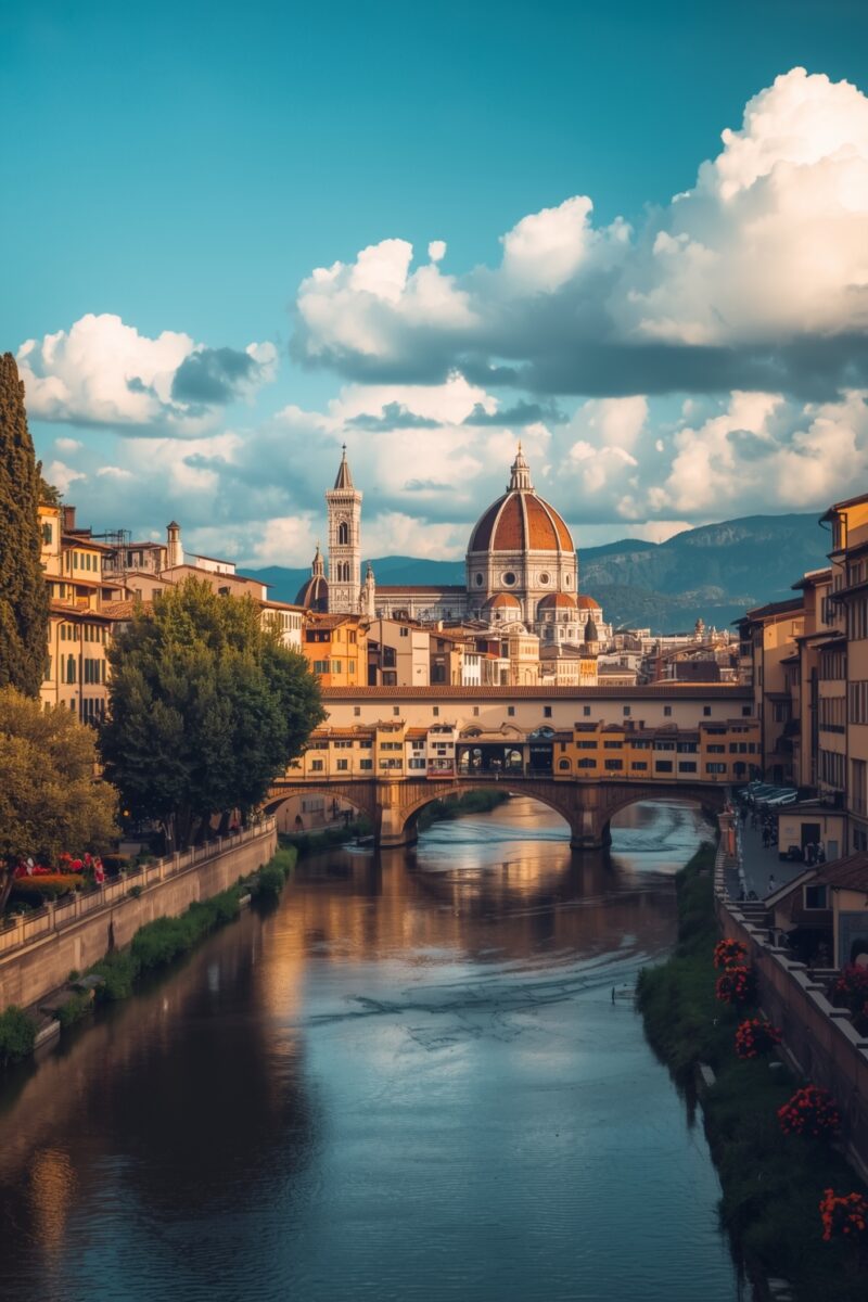 Florence skyline with Ponte Vecchio bridge over Arno River and Brunelleschi's Dome in background, Italy