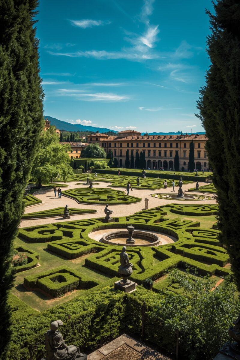 Aerial view of formal Italian Renaissance garden with geometric hedges, fountains, statues, and a grand palazzo in Florence