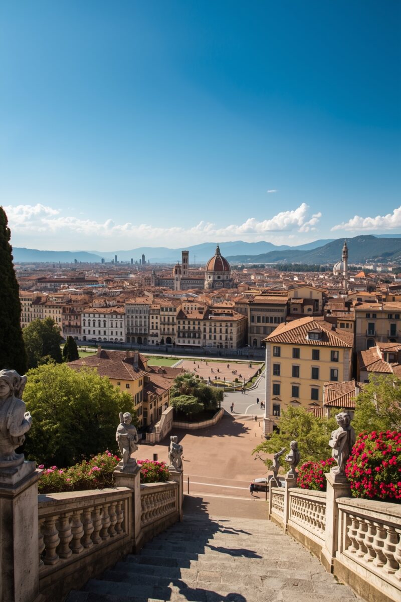 Panoramic view of Florence Italy with Brunelleschi's Duomo dome visible above terracotta rooftops from a stone balustrade overlook