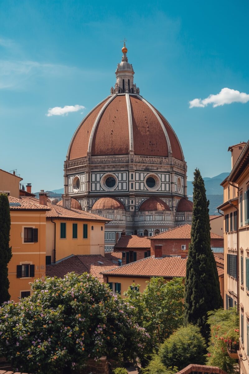 Brunelleschi's dome of Florence Cathedral rising above terracotta rooftops and cypress trees under blue sky