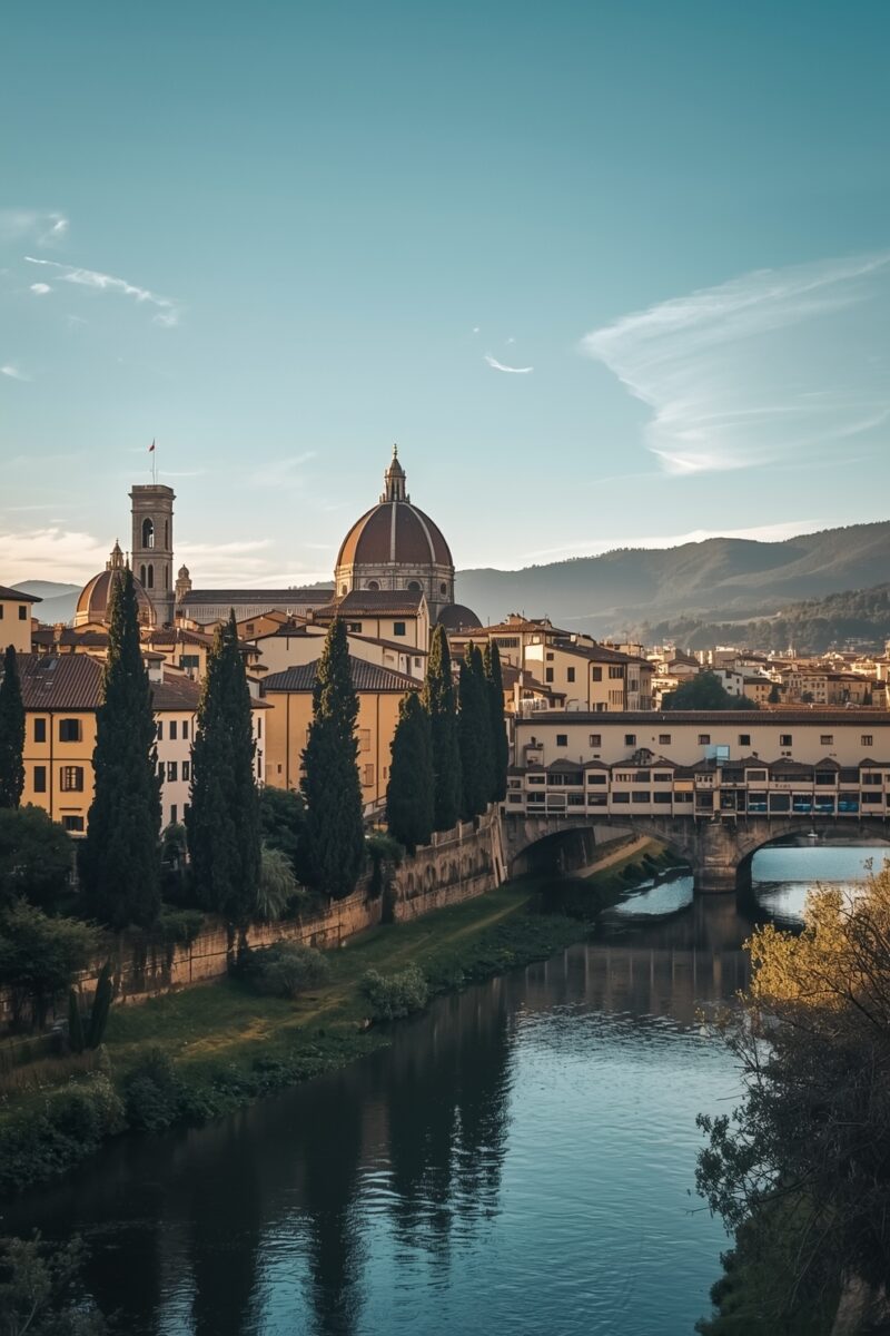 Florence skyline with Ponte Vecchio bridge over Arno River and Brunelleschi's Dome at golden hour