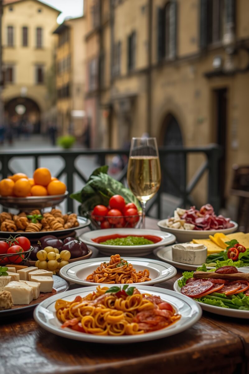 Italian outdoor dining spread with pasta, charcuterie, fresh vegetables, cheese, fruit, and champagne on a terrace