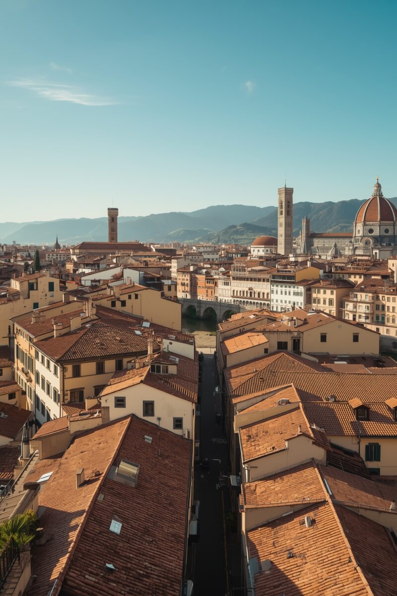 Aerial panoramic view of Florence Italy with terracotta rooftops, the Duomo cathedral dome, and Tuscan hills