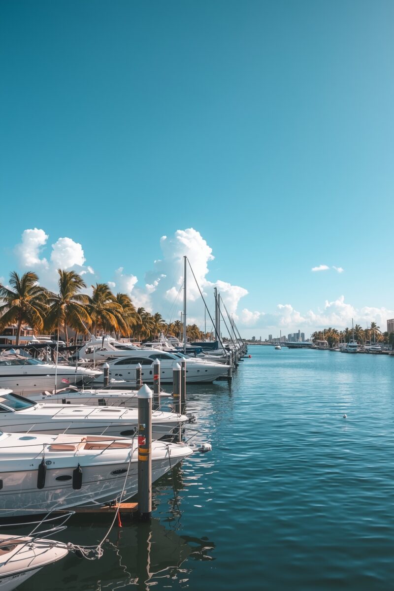Luxury yachts and motorboats docked at a sunny marina with palm trees and a clear blue sky