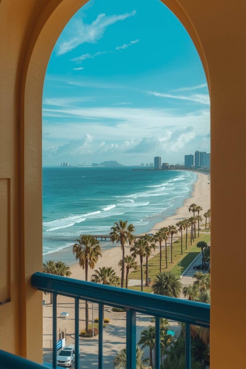 Tropical beach view through golden arched balcony with palm trees, turquoise ocean waves, and city skyline