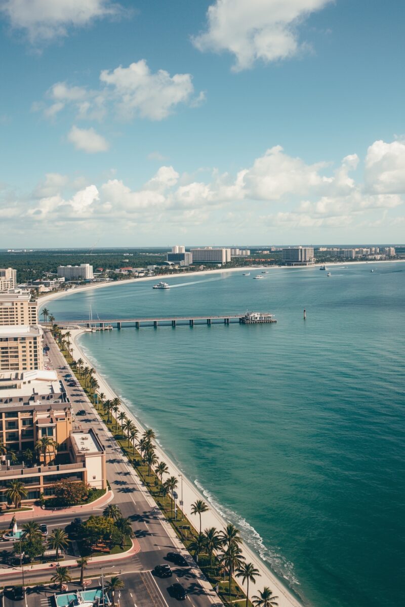 Aerial view of a Florida coastal city with turquoise water, white sandy beach, palm-lined boulevard, pier, and resort hotels