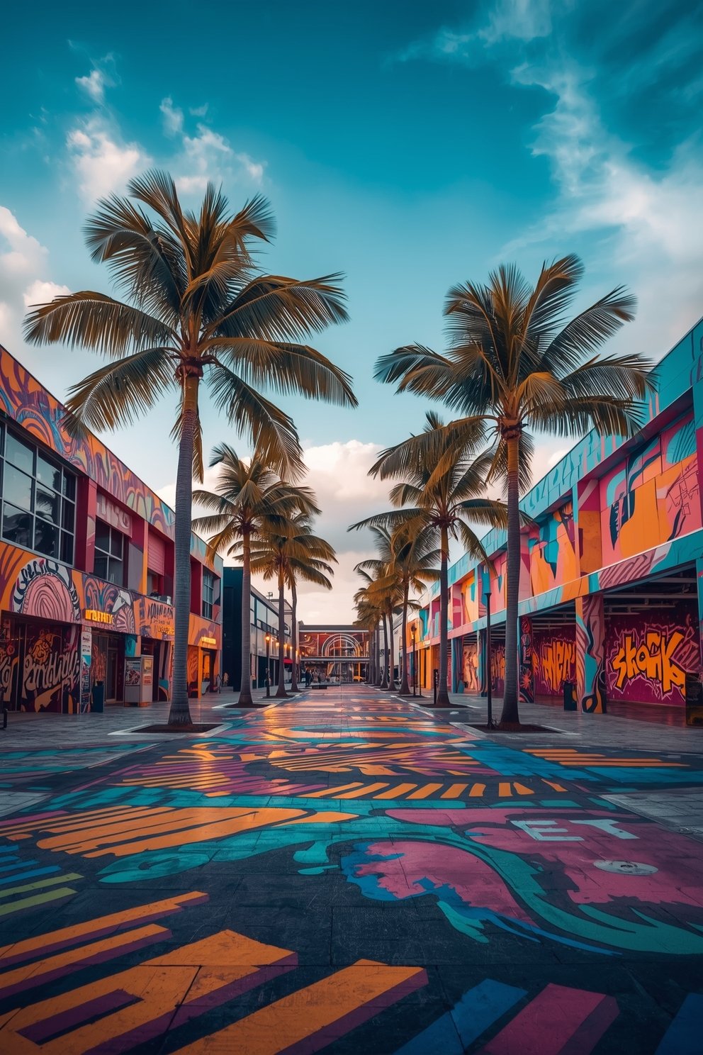 Colorful graffiti-covered pedestrian plaza with tall palm trees under a vibrant blue sky