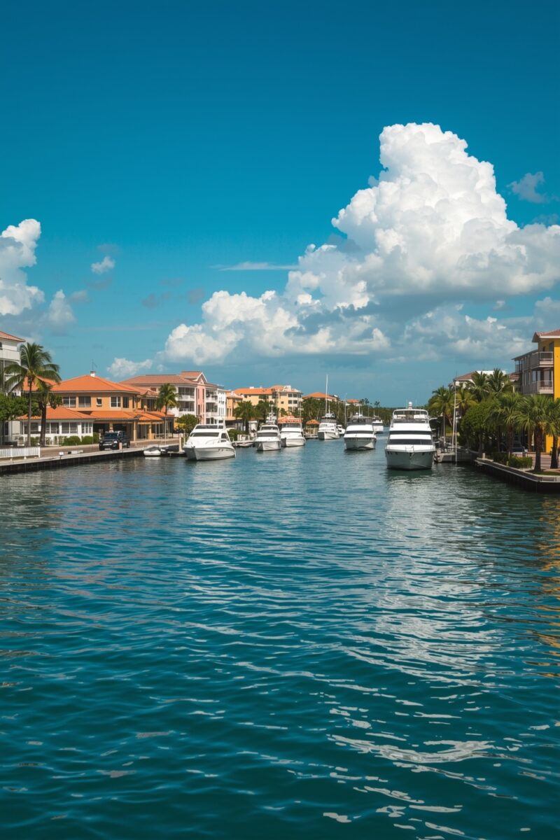 Luxury white yachts moored along a calm blue waterway canal lined with colorful Mediterranean-style buildings and palm trees