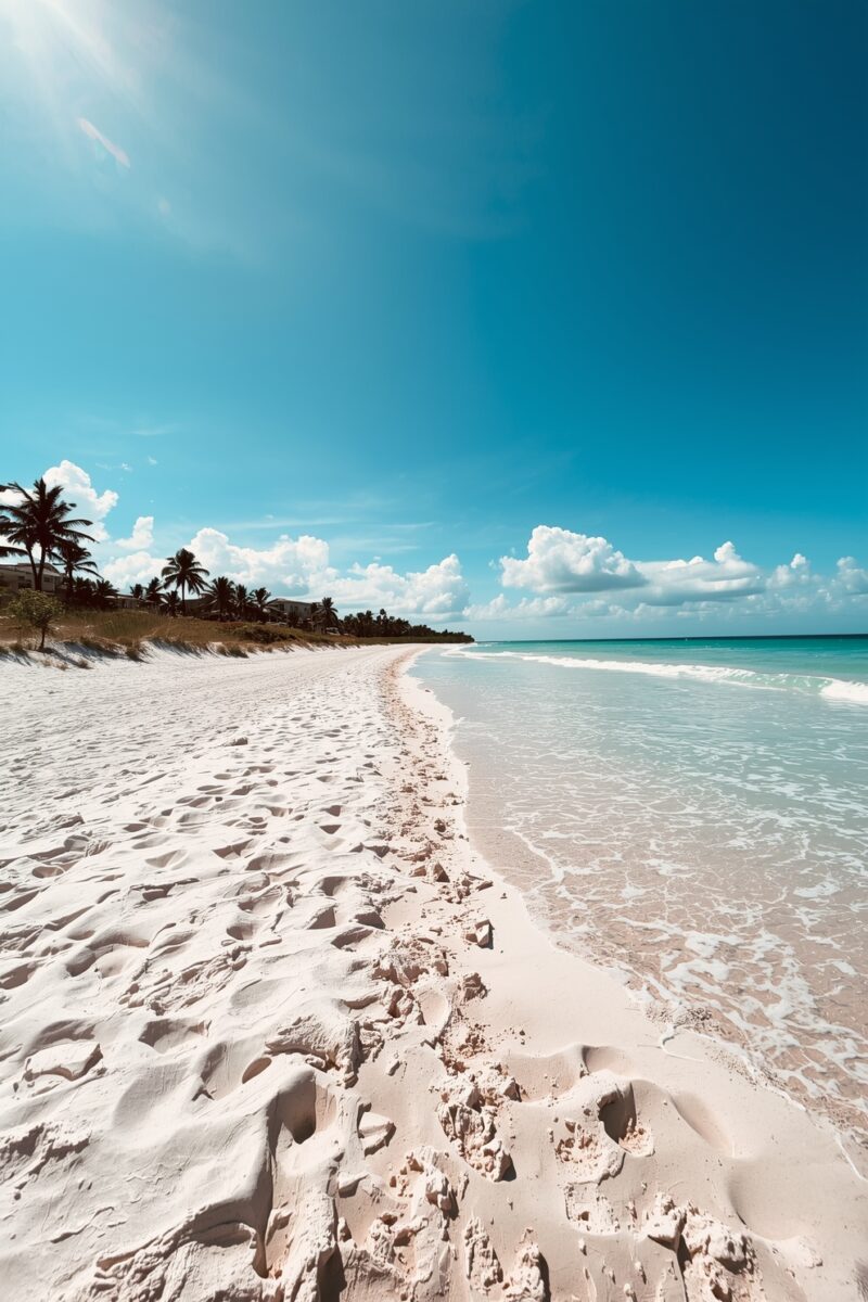 Pristine white sand beach with turquoise ocean waves, palm trees, and bright blue sky on a sunny day