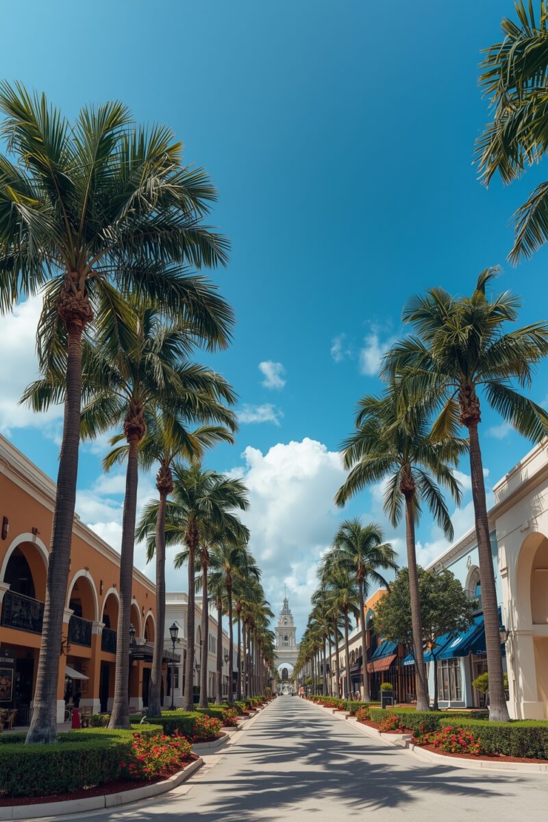 Palm tree-lined pedestrian boulevard with Mediterranean-style buildings and a clock tower under blue sky