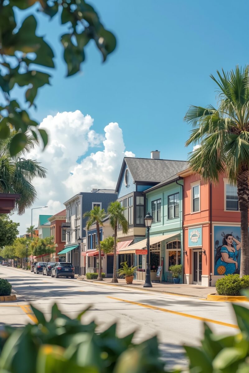 Colorful downtown street with palm trees, mixed-use buildings, and a street mural on a sunny day