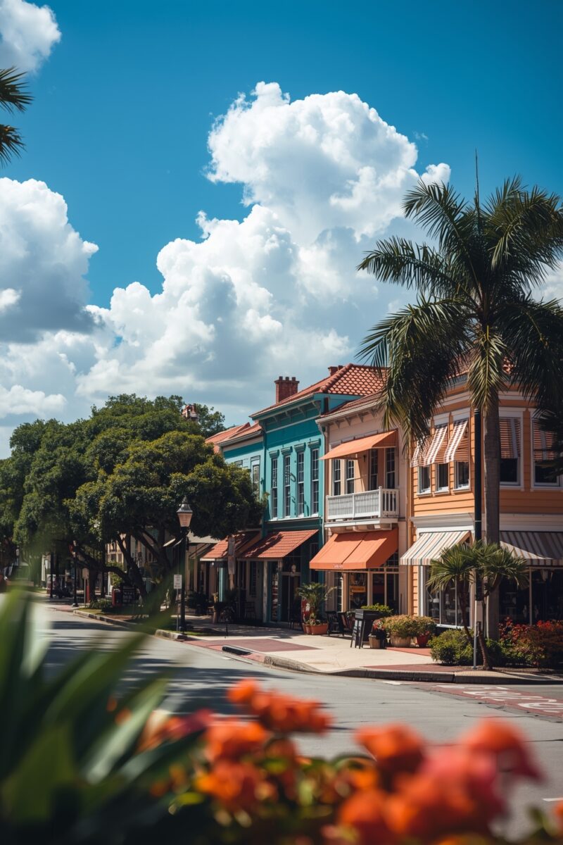 Colorful historic downtown street with palm trees, orange and teal buildings, striped awnings, and blue sky with clouds