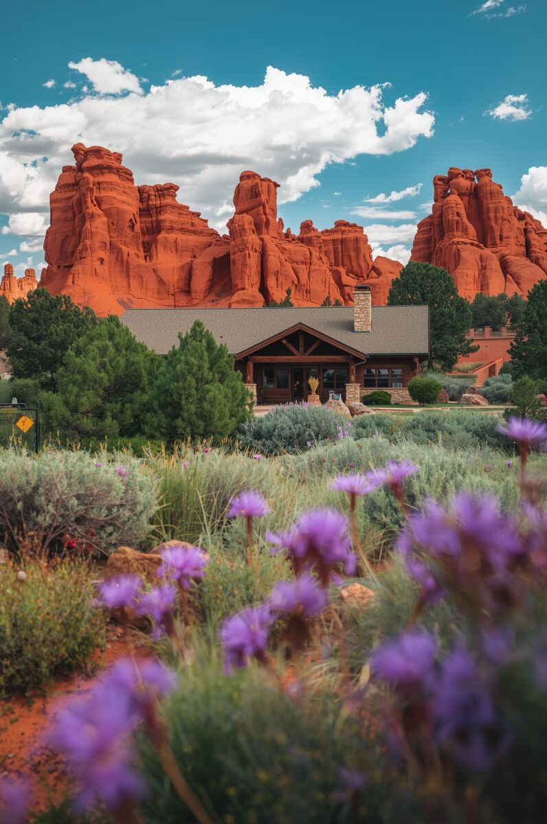 Rustic wooden cabin surrounded by towering red rock formations with purple wildflowers in the foreground, American Southwest
