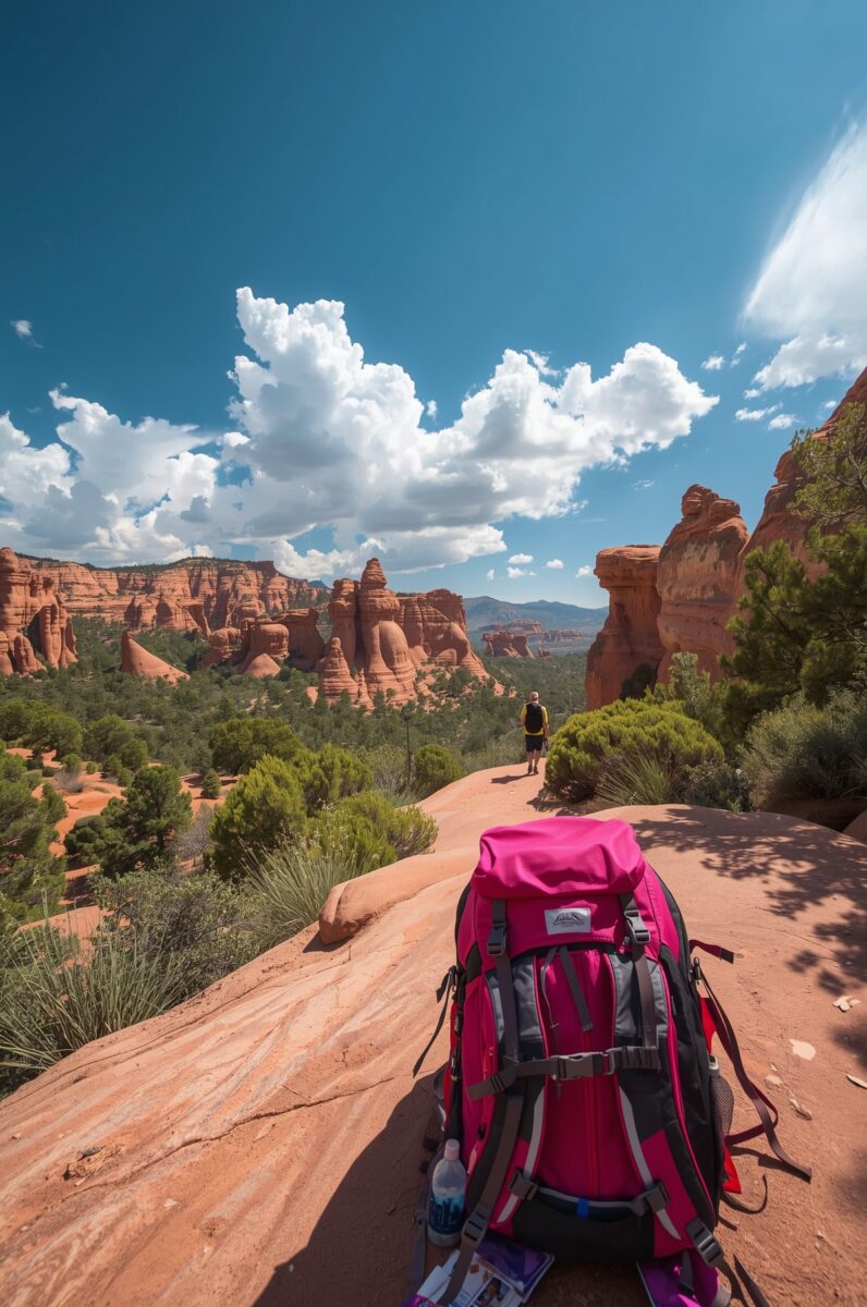 Pink hiking backpack on red rock trail with towering sandstone formations and a distant hiker in Sedona, Arizona