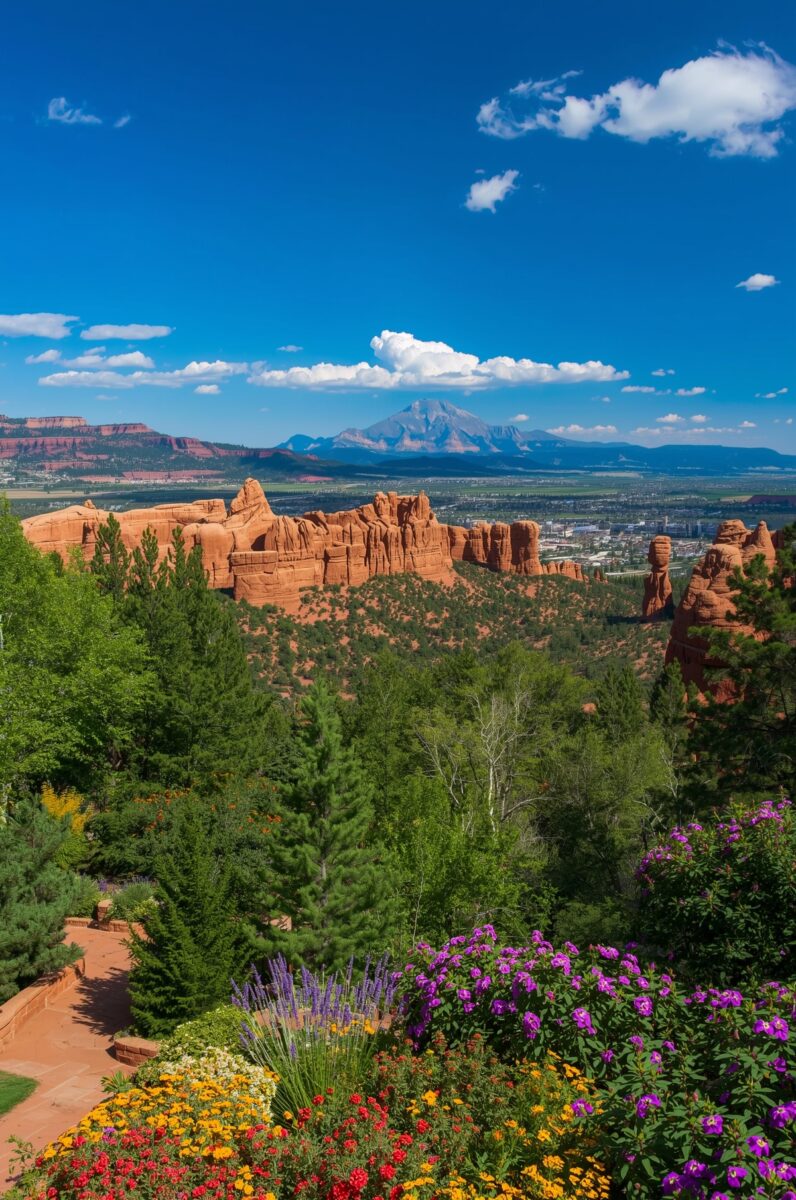 Colorful garden flowers with red sandstone rock formations, green trees, valley town, and mountain backdrop under blue sky