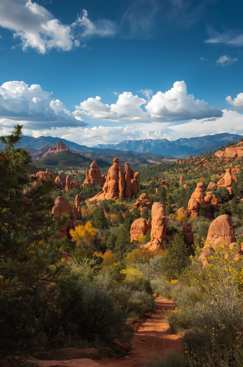 Red sandstone rock spires and hoodoos surrounded by green trees and yellow wildflowers with mountains in background