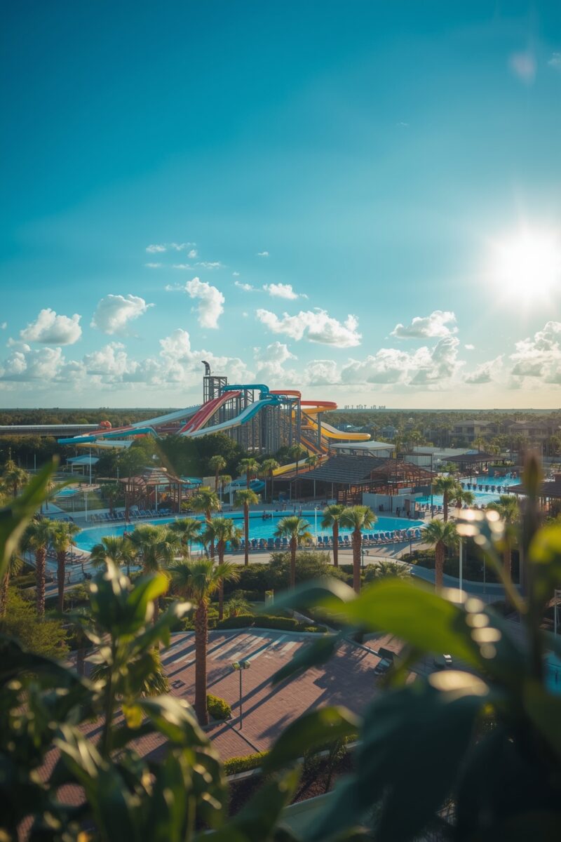 Aerial view of a colorful water park resort with tall slides, blue pools, palm trees, and lounge chairs on a sunny day