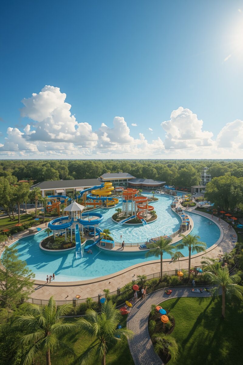 Aerial view of a sprawling water park with colorful blue, yellow, and orange water slides, lazy river, and lush palm trees