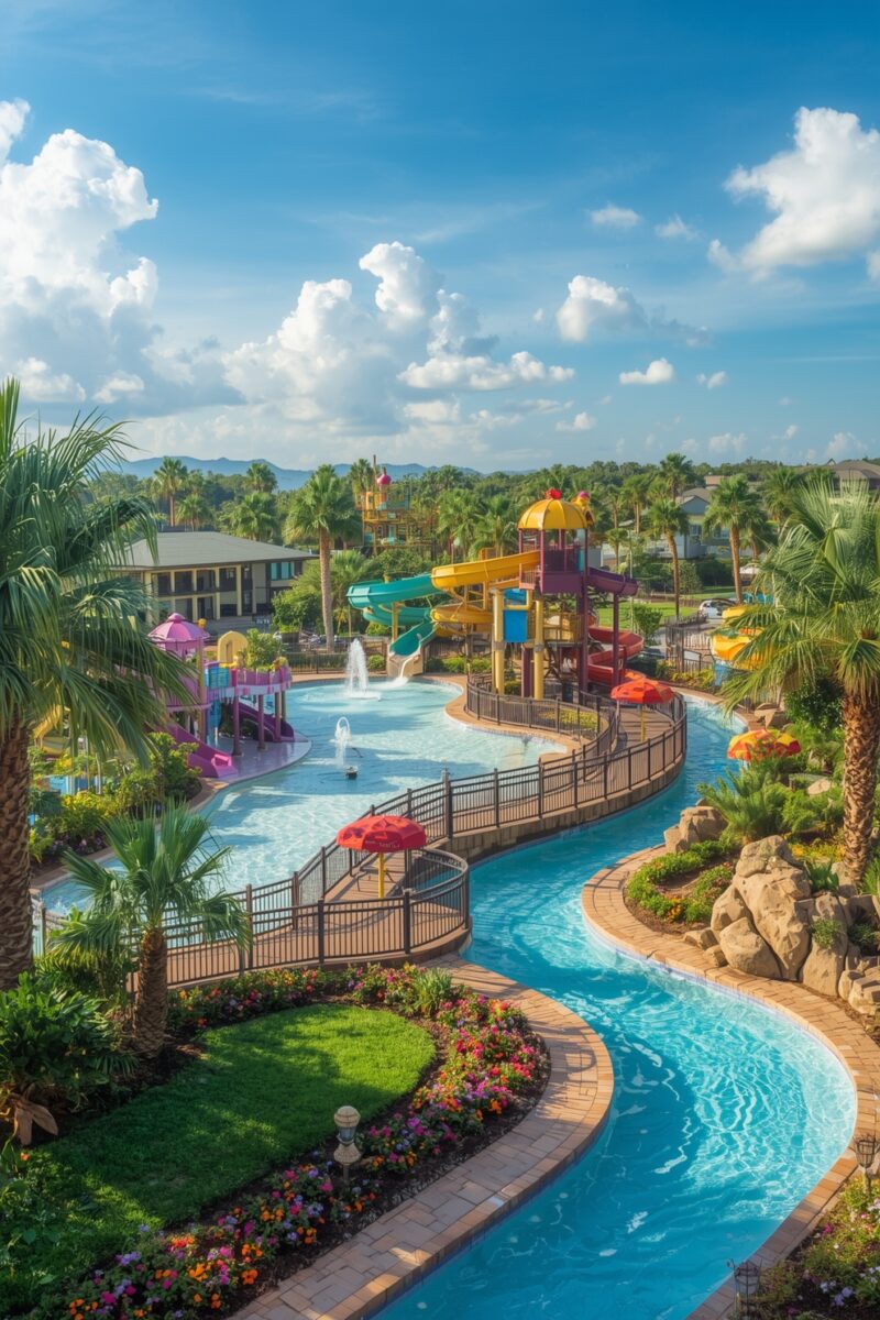 Tropical resort water park with lazy river, colorful water slides, palm trees, and lush landscaping under blue sky